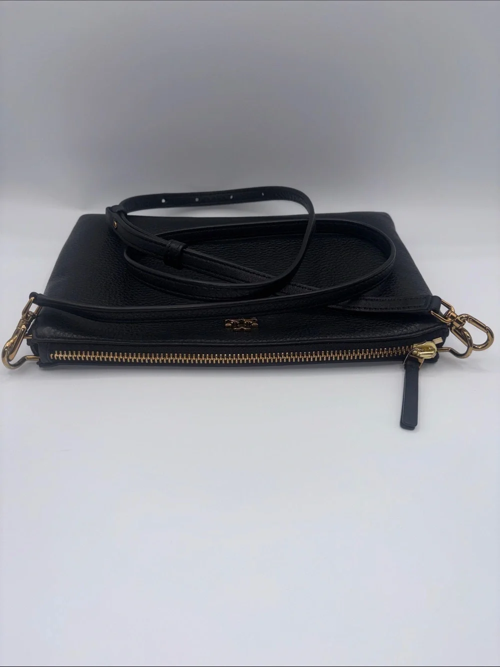 Tory Burch Black Pebbled Leather Crossbody with Gold Logo